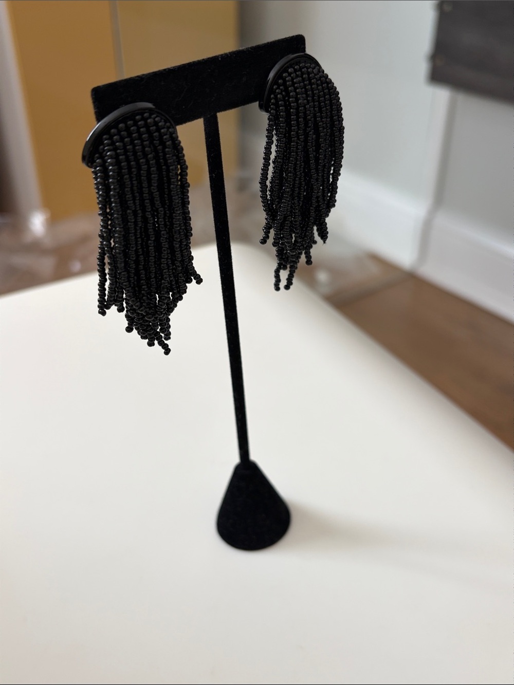 Black Beaded Fringe Drop Earrings - Women Jewelry